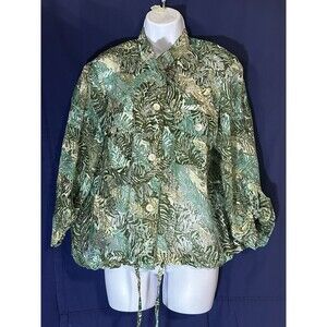 Hearts Of Palm Green Tropical Print Semi-Sheer Button Front Blouse Top Size 18